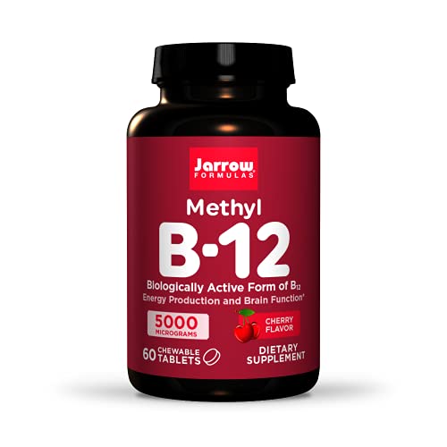Jarrow Formulas Methyl B-12 5000 mcg - 60 Chewable Tablets, Cherry - Bioactive Vitamin B12 - Supports Energy Production, Brain Health & Metabolism - Gluten Free -Pink 60 Servings