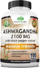 Organic Ashwagandha 2,100 mg - 100 Vegan Capsules Pure Organic Ashwagandha Root Extract and Powder - Natural Anxiety Relief, Mood Enhancer, Immune & Thyroid Support, Anti Anxiety