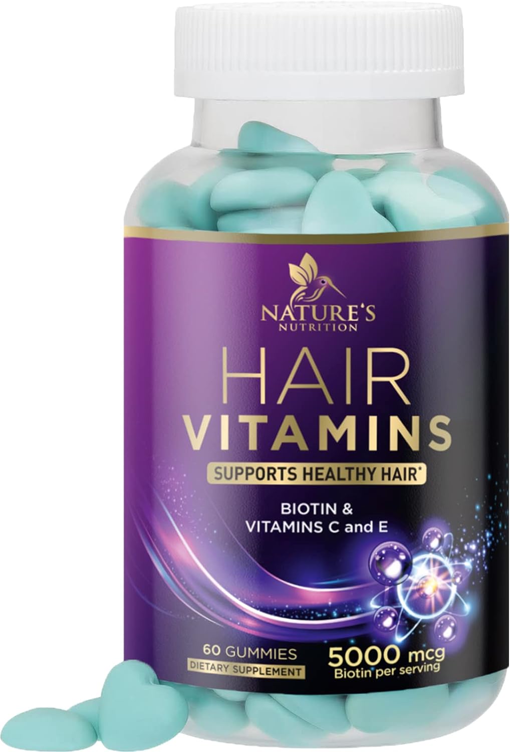 Hair Vitamins Gummies with Biotin 5000 mcg and Vitamins E & C, Hair Growth Support Gummy for Stronger, Beautiful Hair, Skin & Nails, Nature's Hair Vitamin Supplement for Women & Men - 60 Gummies