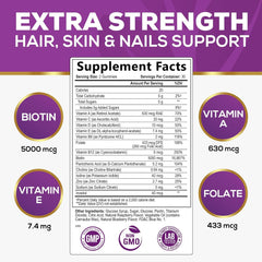 Hair Vitamins Gummies with Biotin 5000 mcg and Vitamins E & C, Hair Growth Support Gummy for Stronger, Beautiful Hair, Skin & Nails, Nature's Hair Vitamin Supplement for Women & Men - 60 Gummies