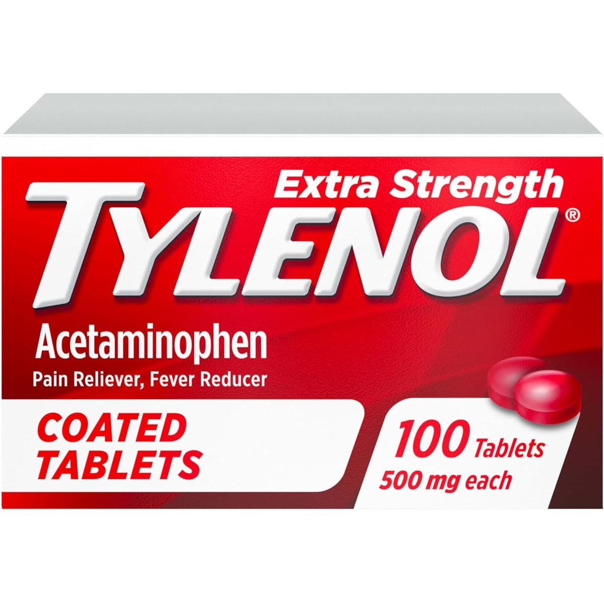 Tylenol Extra Strength Pain Relief Coated Tablets for Adults, 500mg Acetaminophen Pain Reliever and Fever Reducer per Tablet for Minor Aches, Pains, and Headaches, 100 ct