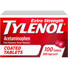 Tylenol Extra Strength Pain Relief Coated Tablets for Adults, 500mg Acetaminophen Pain Reliever and Fever Reducer per Tablet for Minor Aches, Pains, and Headaches, 100 ct