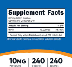 Nutricost Biotin (Vitamin B7) 10,000mcg (10mg) Vitamin Supplement, 240 Capsules - Vegetarian, Gluten Free, Quick Release, Non-GMO