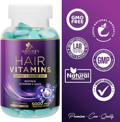 Hair Vitamins Gummies with Biotin 5000 mcg and Vitamins E & C, Hair Growth Support Gummy for Stronger, Beautiful Hair, Skin & Nails, Nature's Hair Vitamin Supplement for Women & Men - 60 Gummies