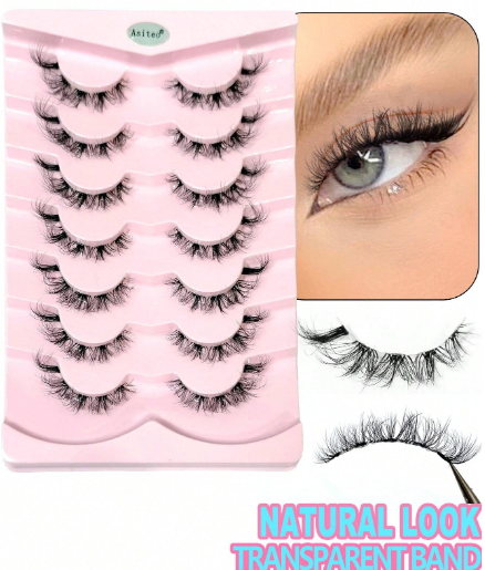 NEW 7 Pairs Lashes 3D Clear Band Lashes Natural Look Wispy Faux Mink Eyelashes Fluffy Soft Cross Manga Curl Cat Eye Fake Eyelashes